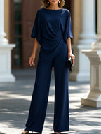 Leona Elegant Wide-Leg Two-Piece Set in Navy Blue