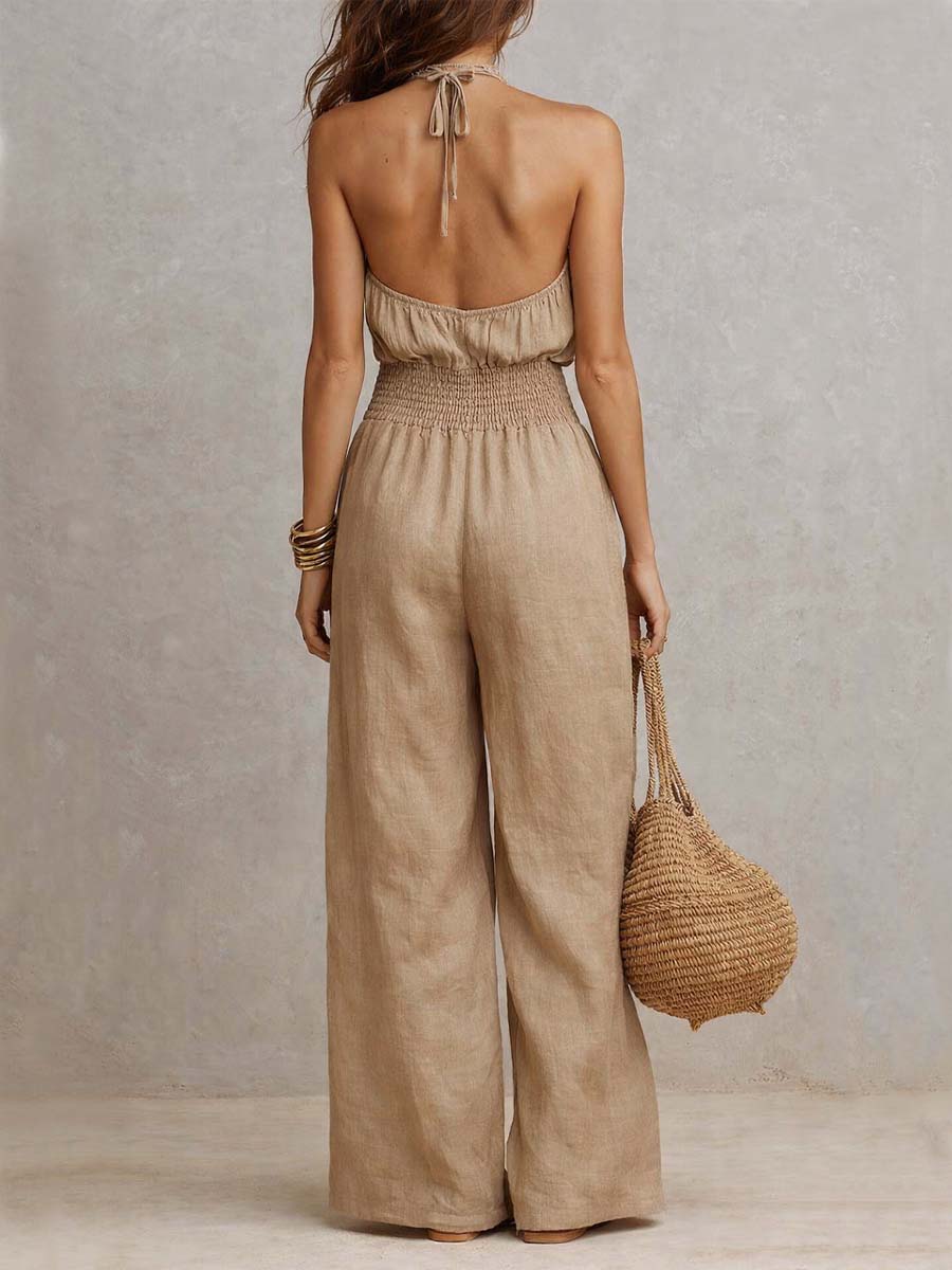 Kaia Effortless Halter Jumpsuit in Khaki, back view