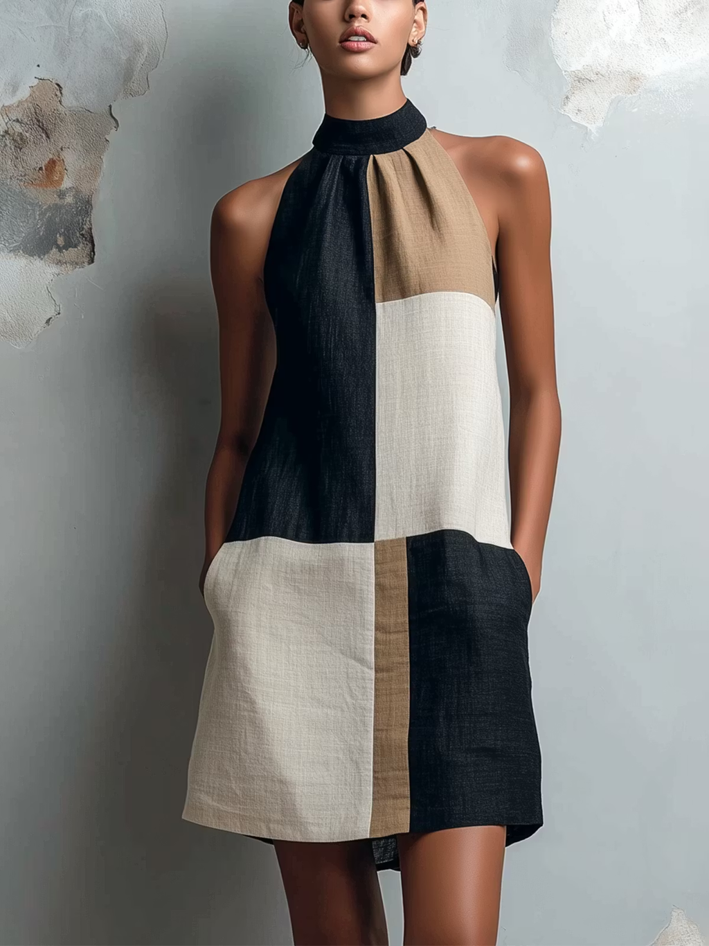 Front view of the Junia colorblock halter dress, showcasing the elegant neckline and relaxed fit.
