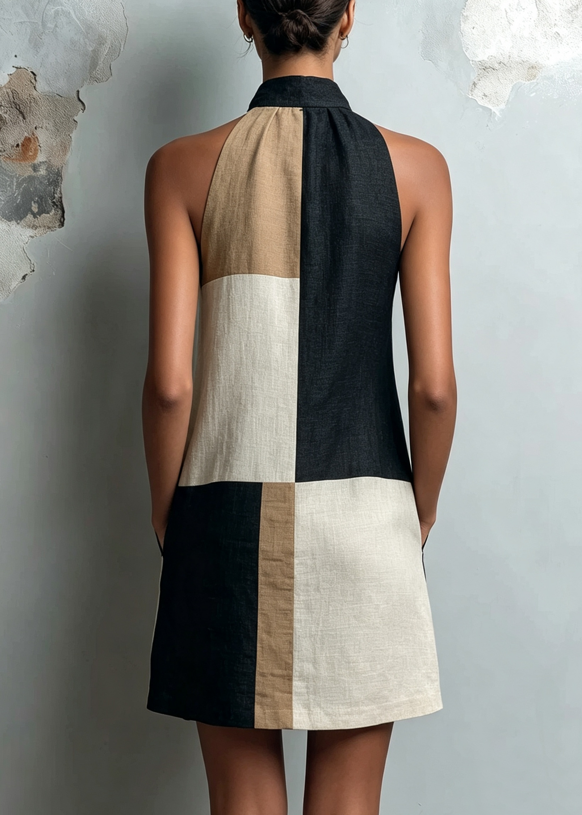 Woman wearing the chic colorblock halter dress, styled casually for a daytime outing with sandals.