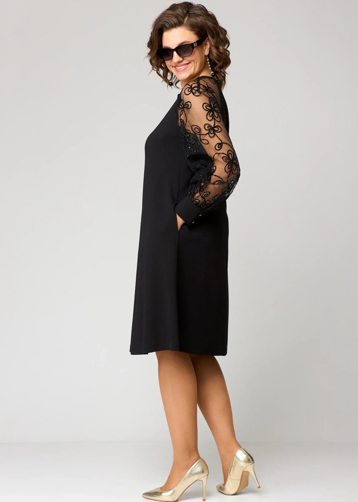 Cosima Lace Sleeve Dress in Black, side profile