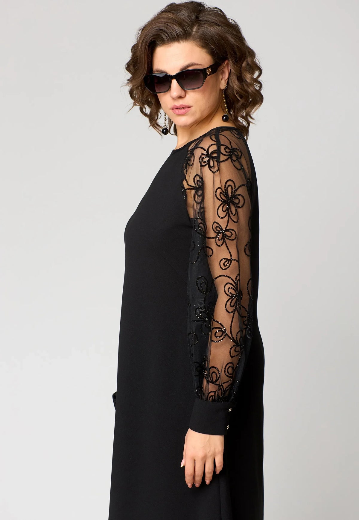 Cosima Lace Sleeve Dress in Black, side view