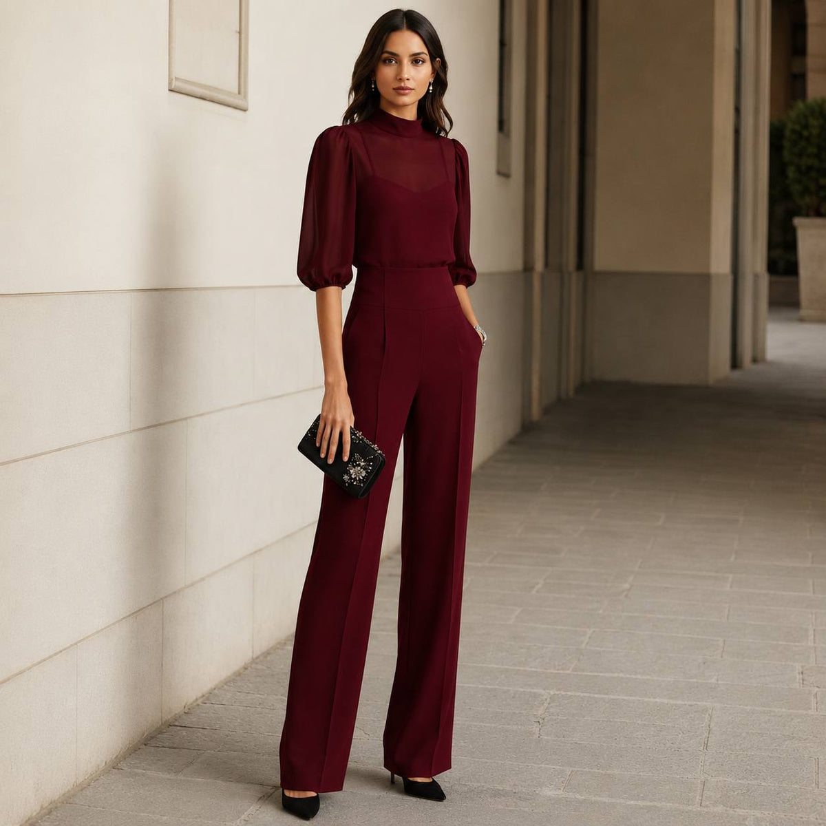 Back view of the sheer sleeve blouse, showing the graceful drape of the fabric and the subtle button closure.
