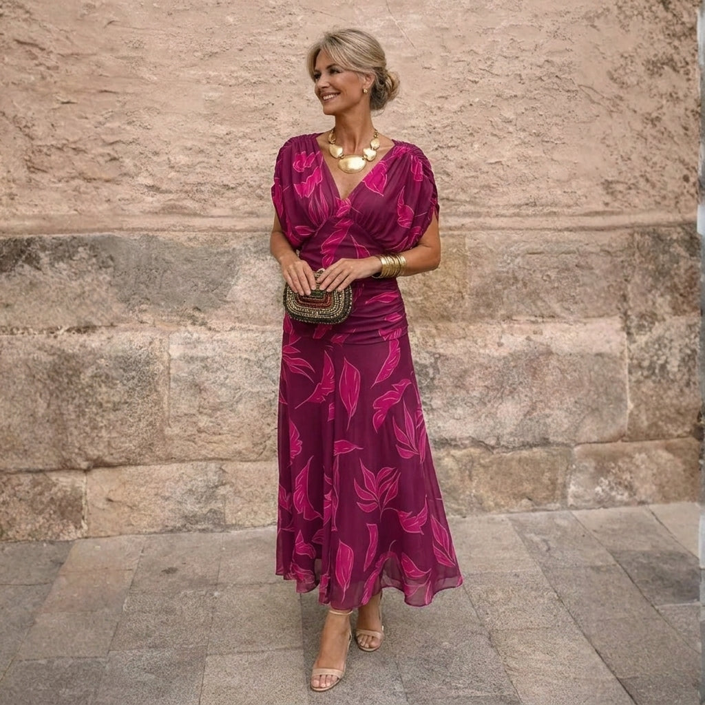 Detailed view of the waist and hip area of the maxi dress, showing how it subtly enhances curves.