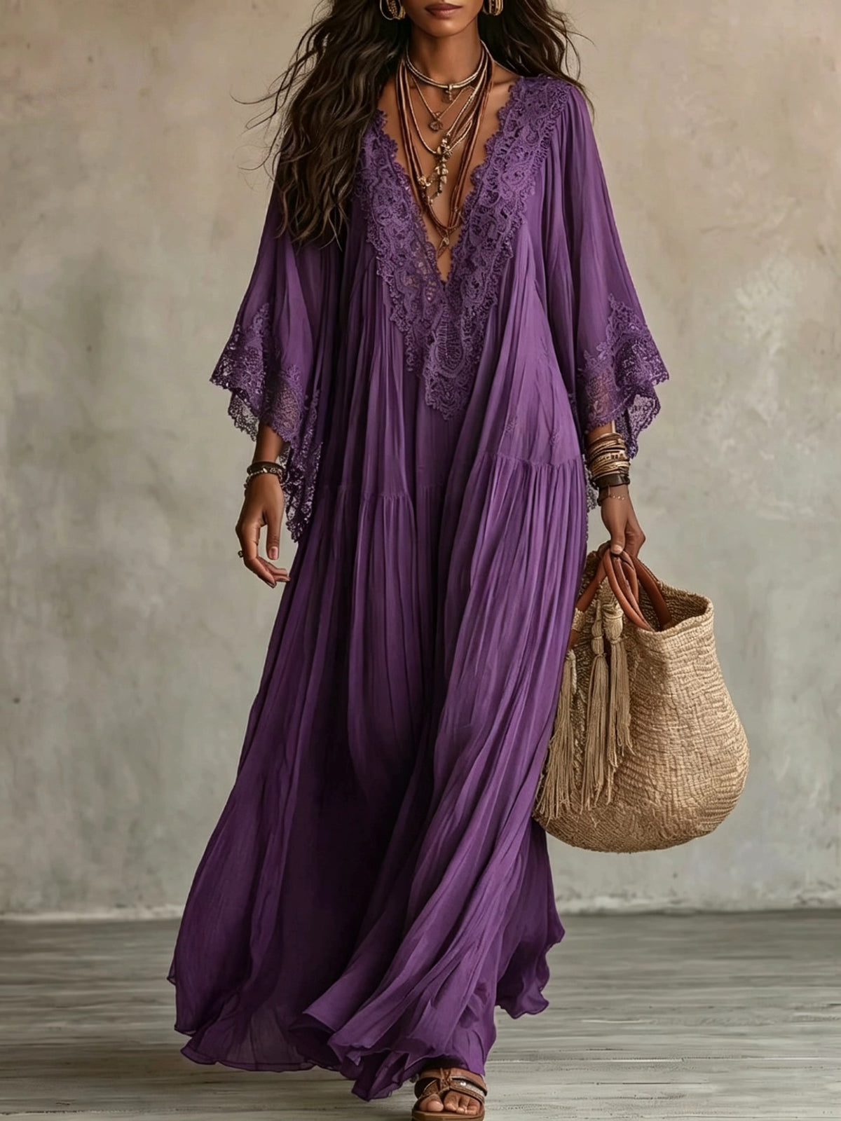 Elodie Flowy Lace Maxi Dress in Purple