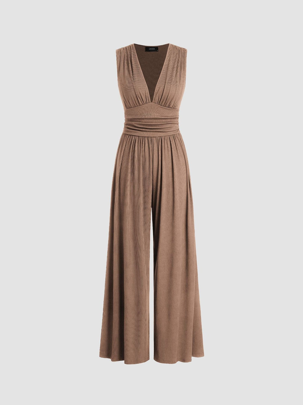Close-up detail of the deep V-neckline and softly ruched bodice on a stylish army green jumpsuit.