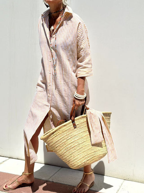 Amara Relaxed Shirt Dress in Pink Stripe