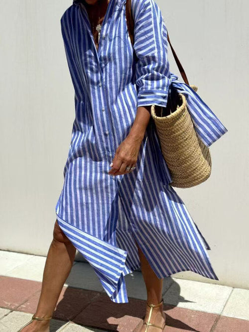 Amara Relaxed Shirt Dress in Blue Stripe