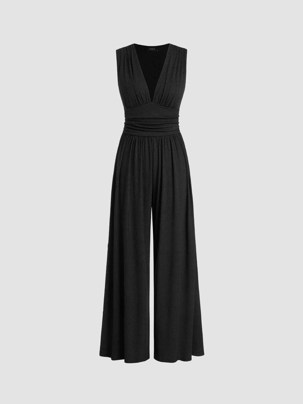 Vibrant red sleeveless party jumpsuit, showcasing the flattering ruched bust and fitted waistband details.
