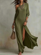 Zelda Elegant One-Shoulder Dress in Army Green