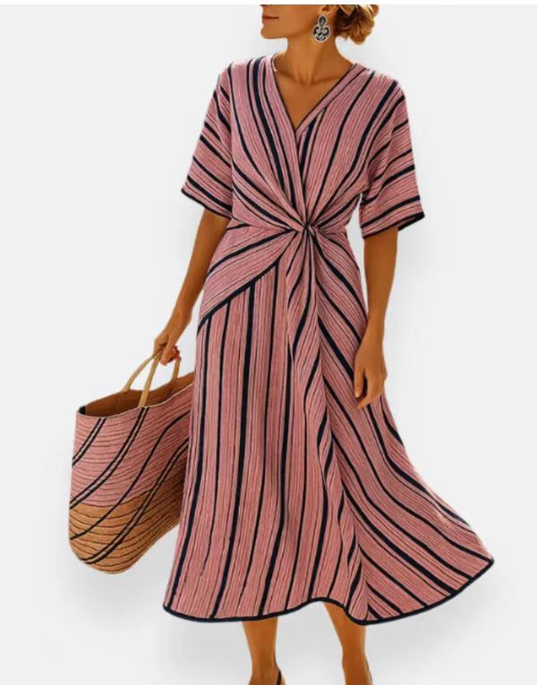 Estelle Graceful Draped Dress in Pink Stripe
