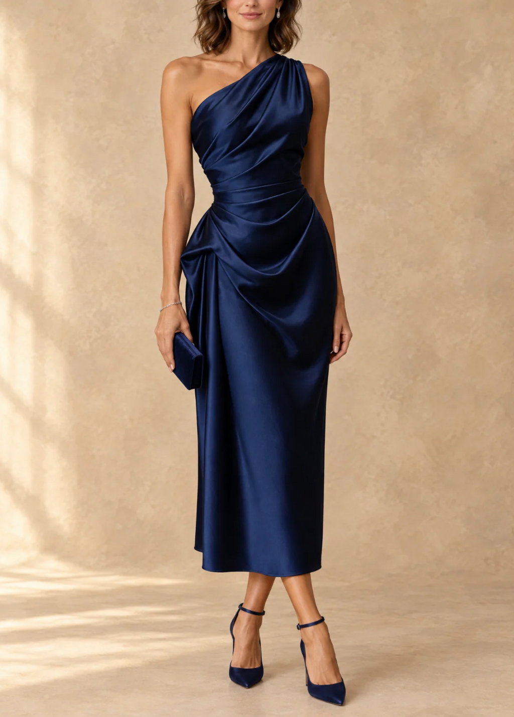 Amelia Elegant Ruched Midi Dress in Navy Blue, side view