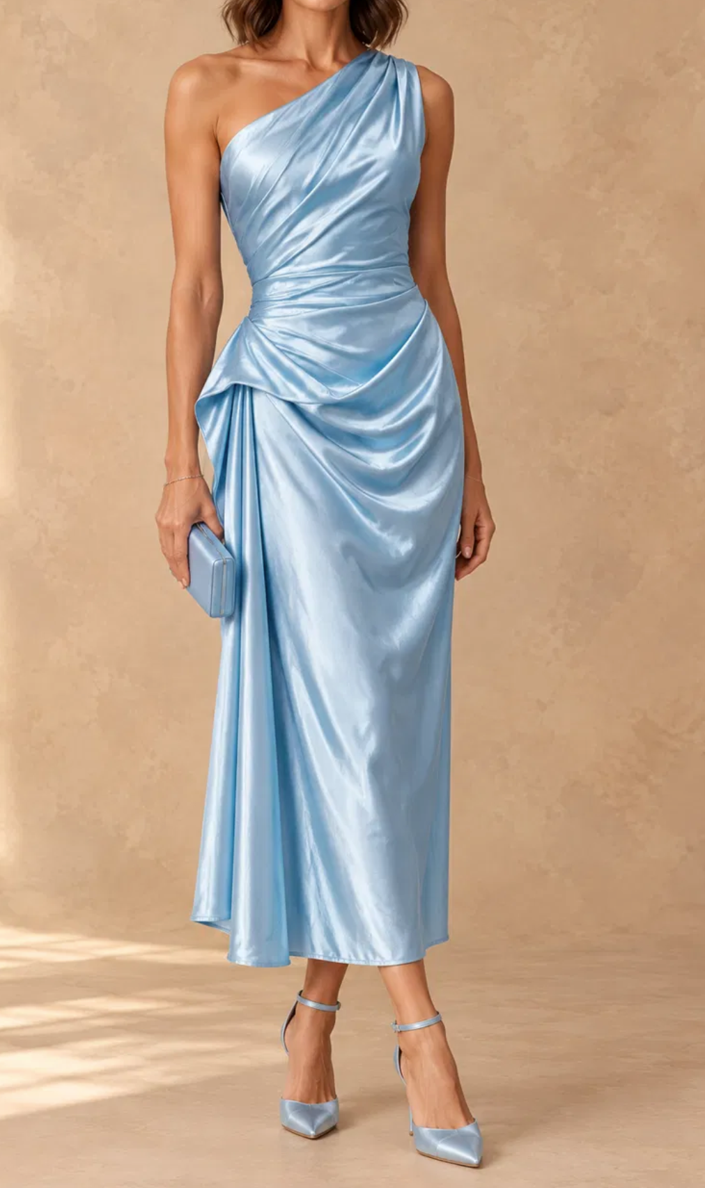 Amelia Elegant Ruched Midi Dress in Blue, side view