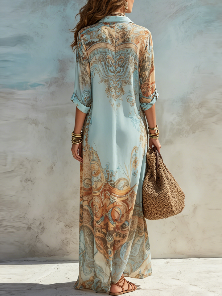 Blue Floral Print Shirt Maxi Dress