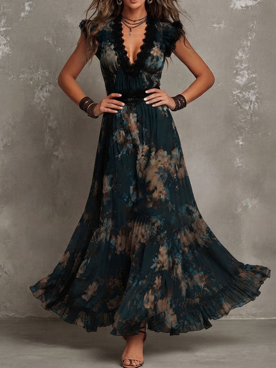 Briar Flowy Tiered Maxi Dress in Black Floral, front view