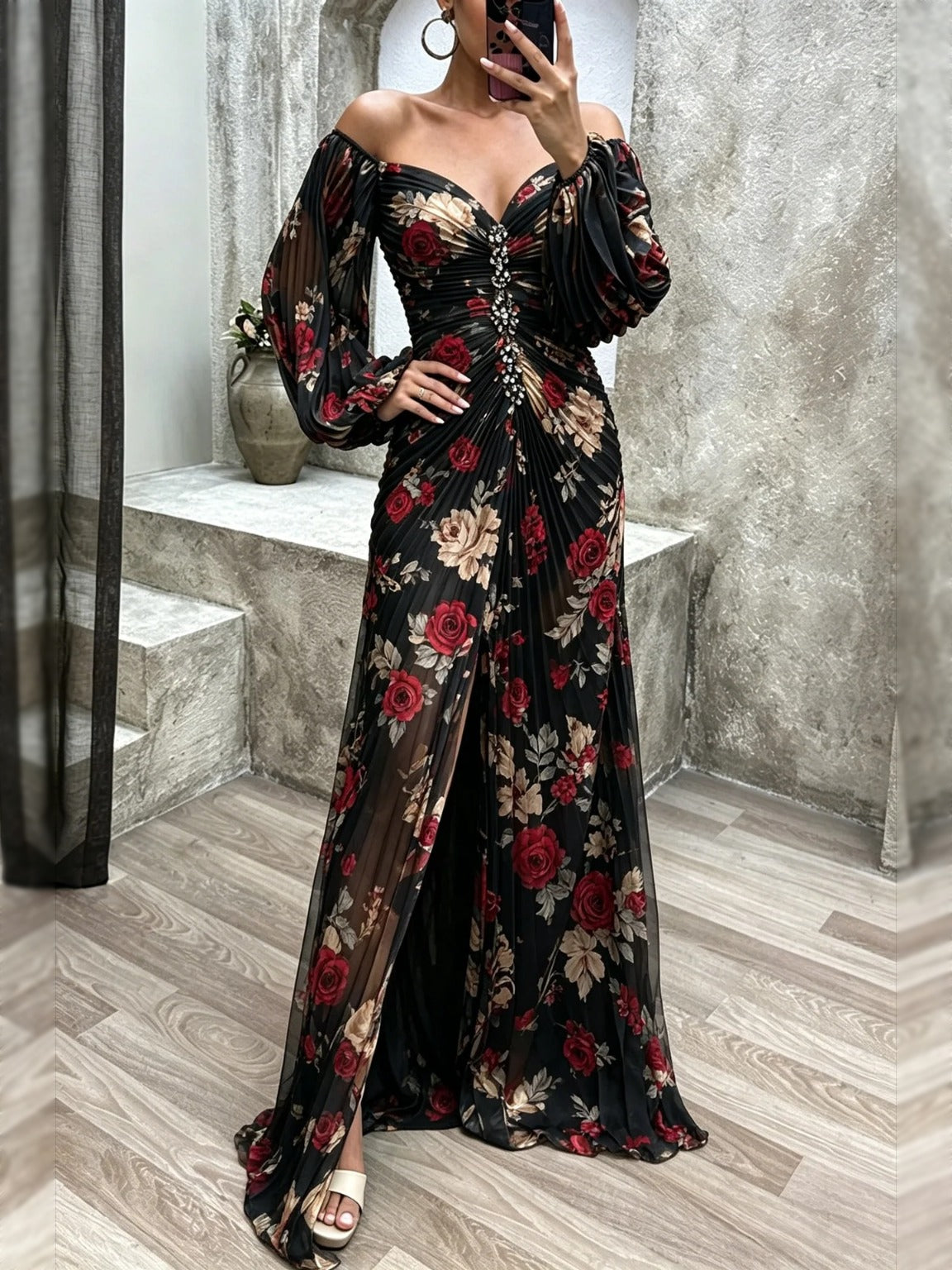 Aella Off-Shoulder Pleated Maxi Dress in Black