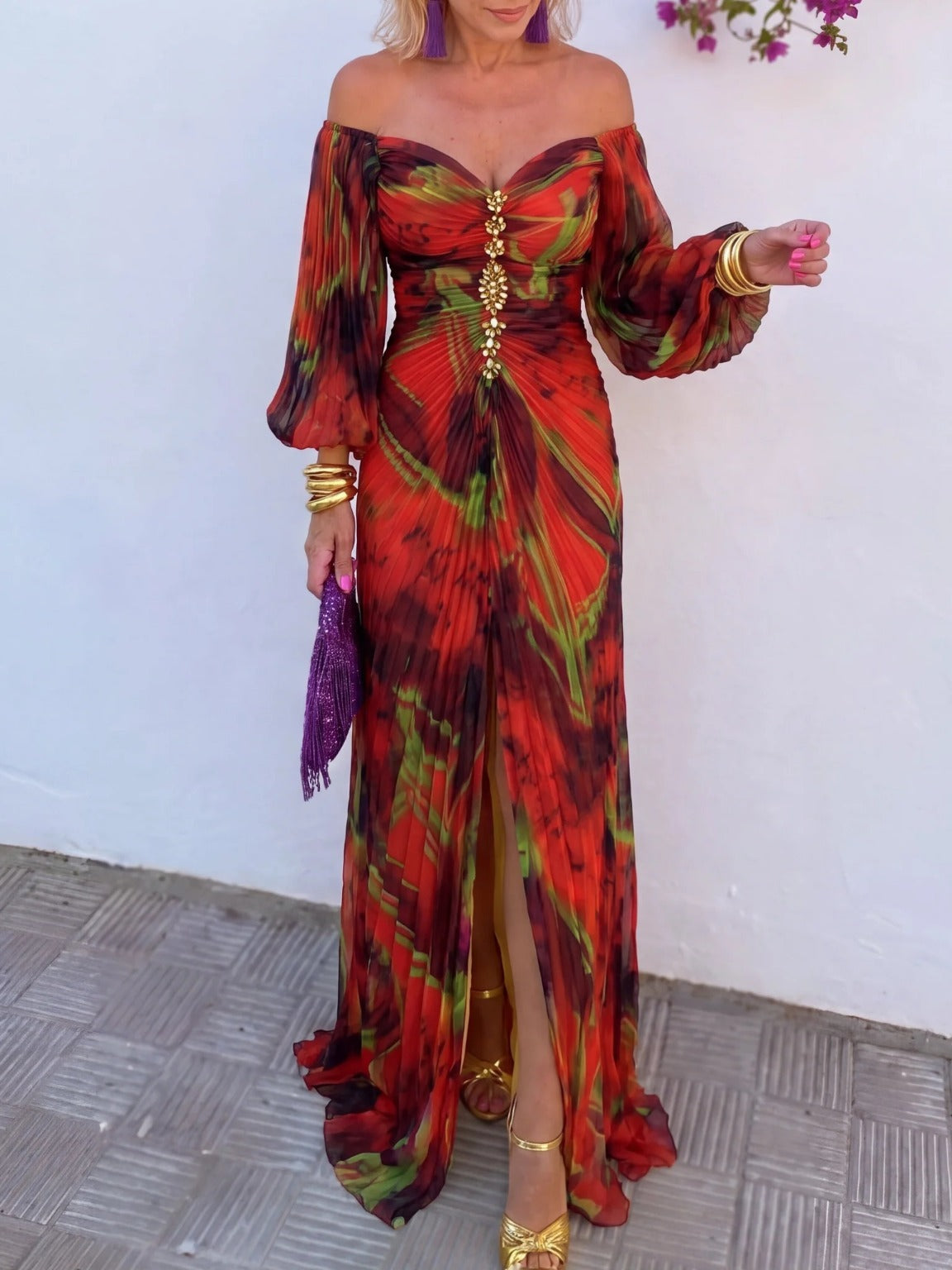 Aella Off-Shoulder Pleated Maxi Dress in Burgundy
