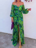 Aella Off-Shoulder Pleated Maxi Dress in Green
