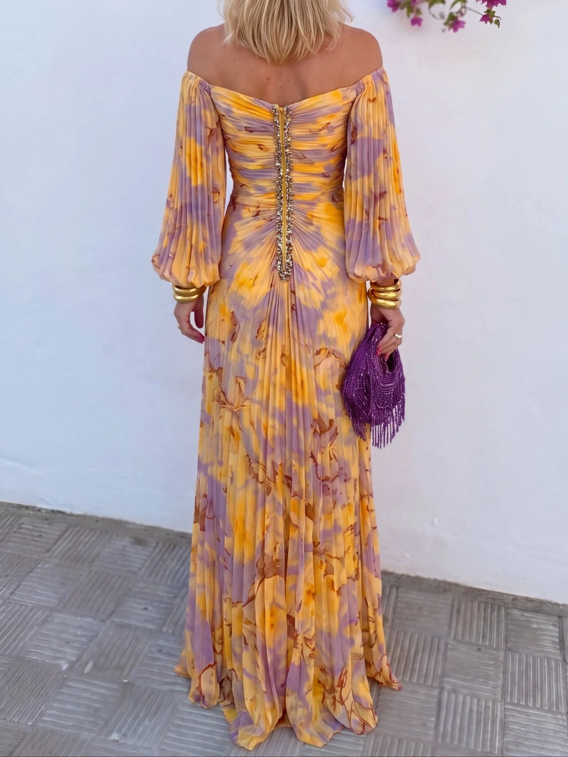 Aella Off-Shoulder Pleated Maxi Dress in Yellow, back view