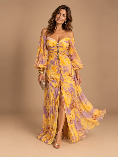 Aella Off-Shoulder Pleated Maxi Dress in Yellow