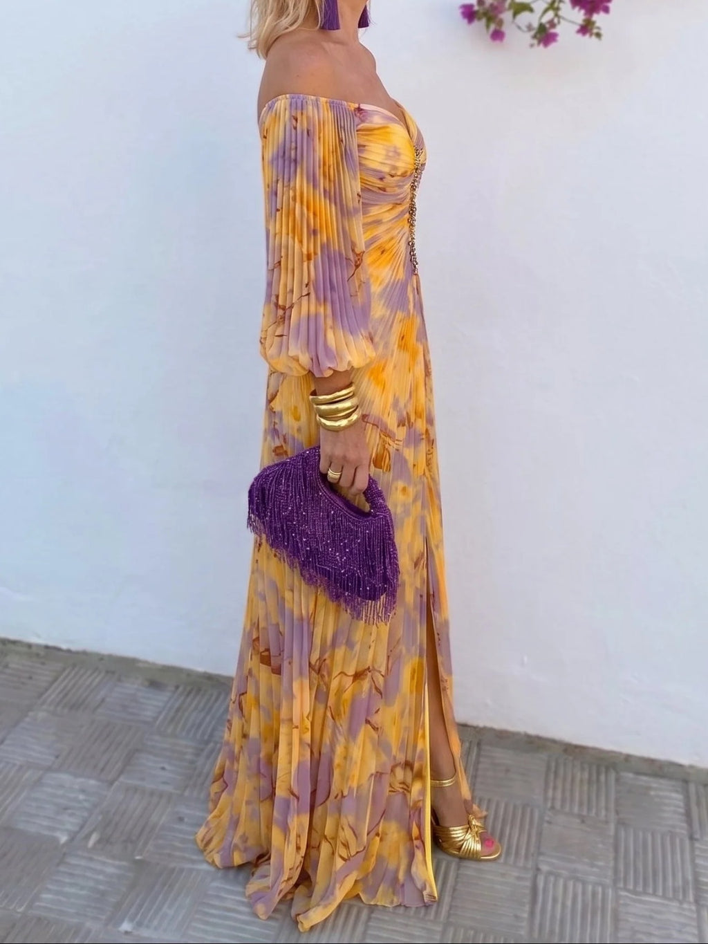 Aella Off-Shoulder Pleated Maxi Dress in Yellow, side view
