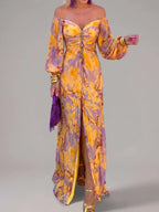 Aella Off-Shoulder Pleated Maxi Dress in Yellow