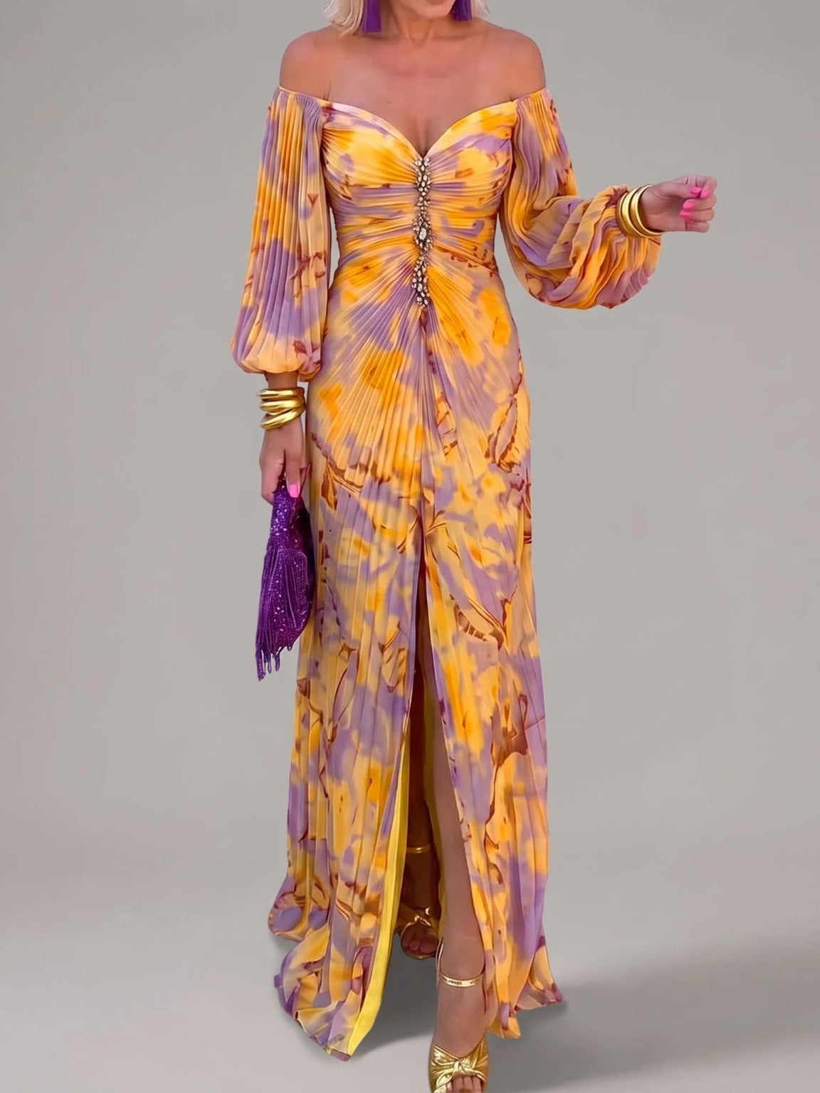 Aella Off-Shoulder Pleated Maxi Dress in Yellow
