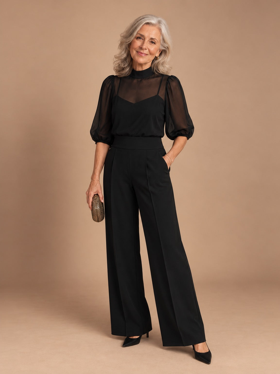 Woman wearing the black Lysandra Elegant Sheer Sleeve set