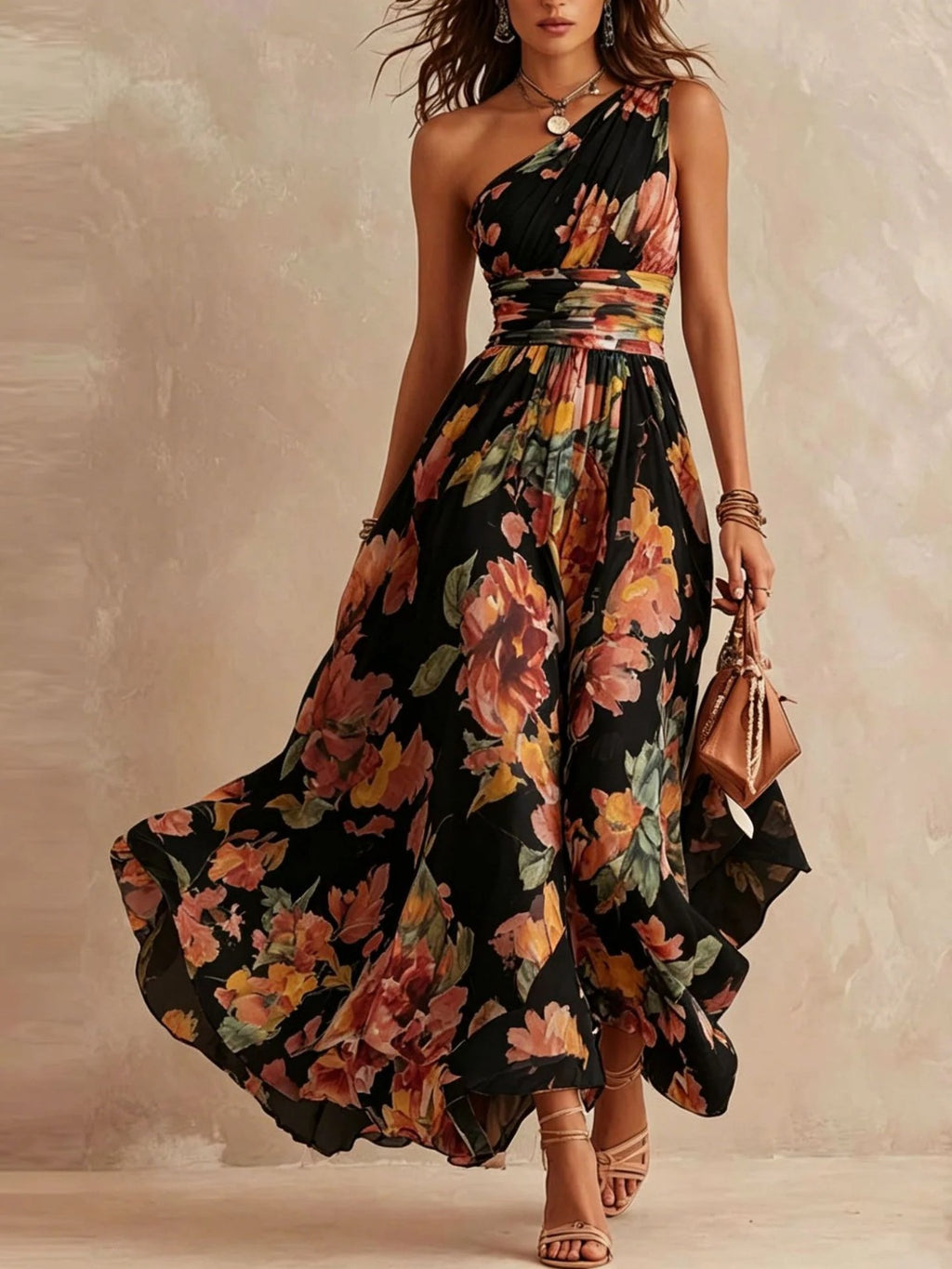 Calla Flowy Asymmetric Floral Dress in Black