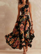 Calla Flowy Asymmetric Floral Dress in Black