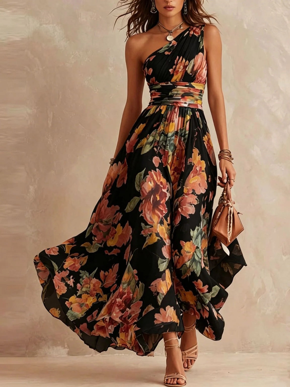 Calla Flowy Asymmetric Floral Dress in Black