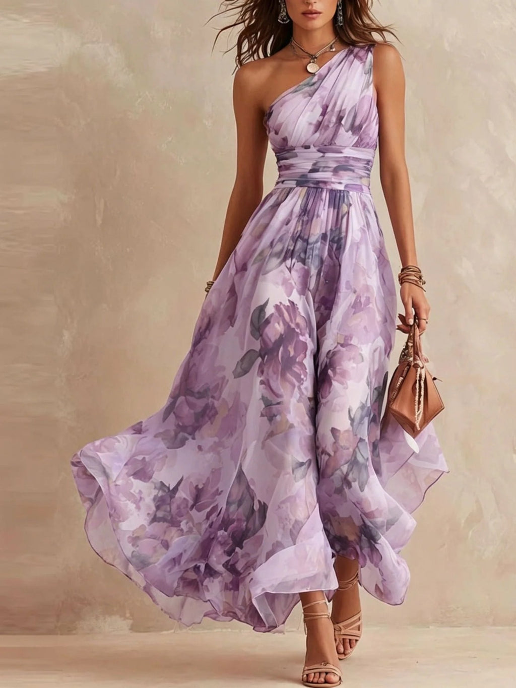 Calla Flowy Asymmetric Floral Dress in Lavender