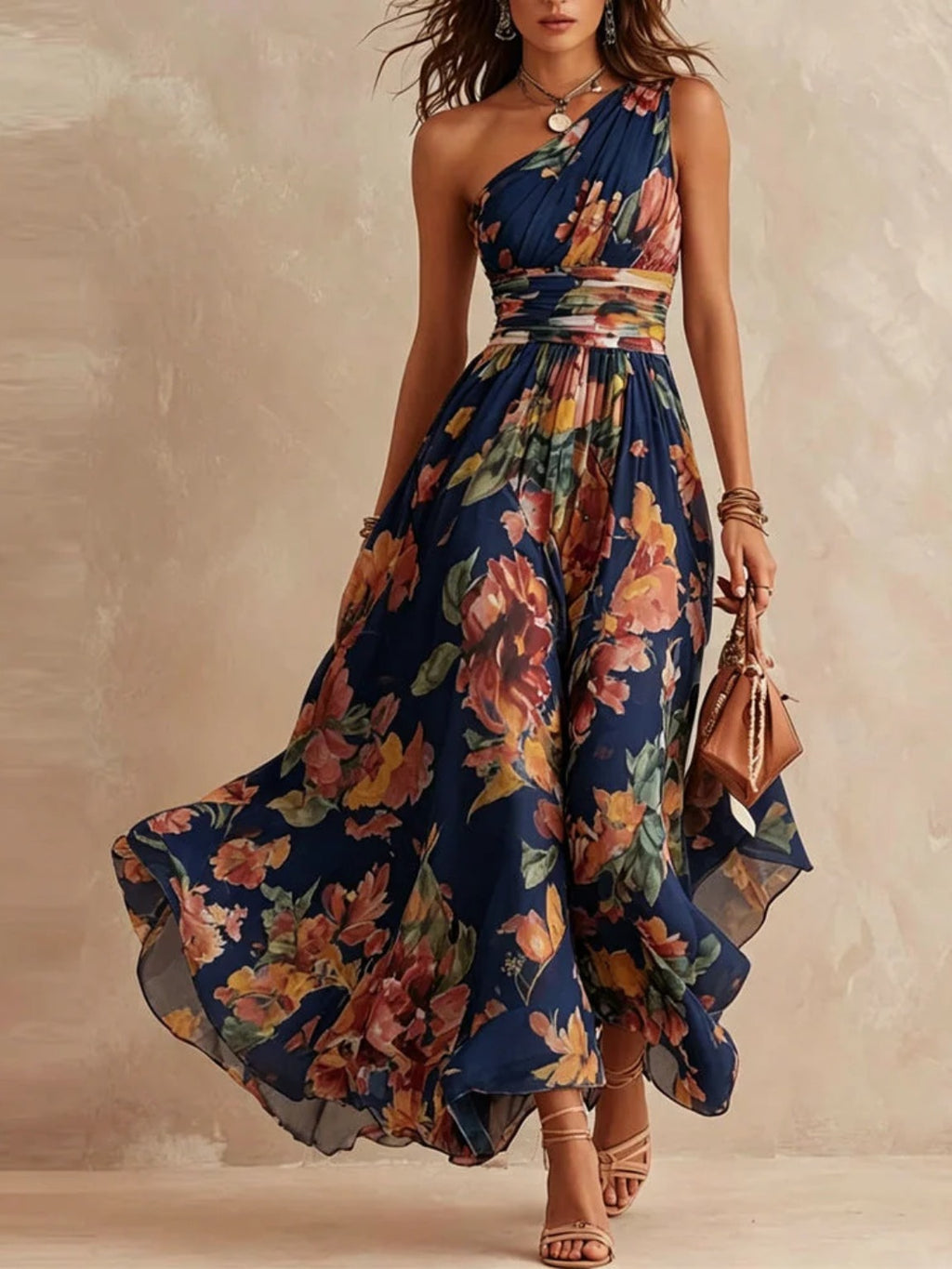 Calla Flowy Asymmetric Floral Dress in Navy Blue