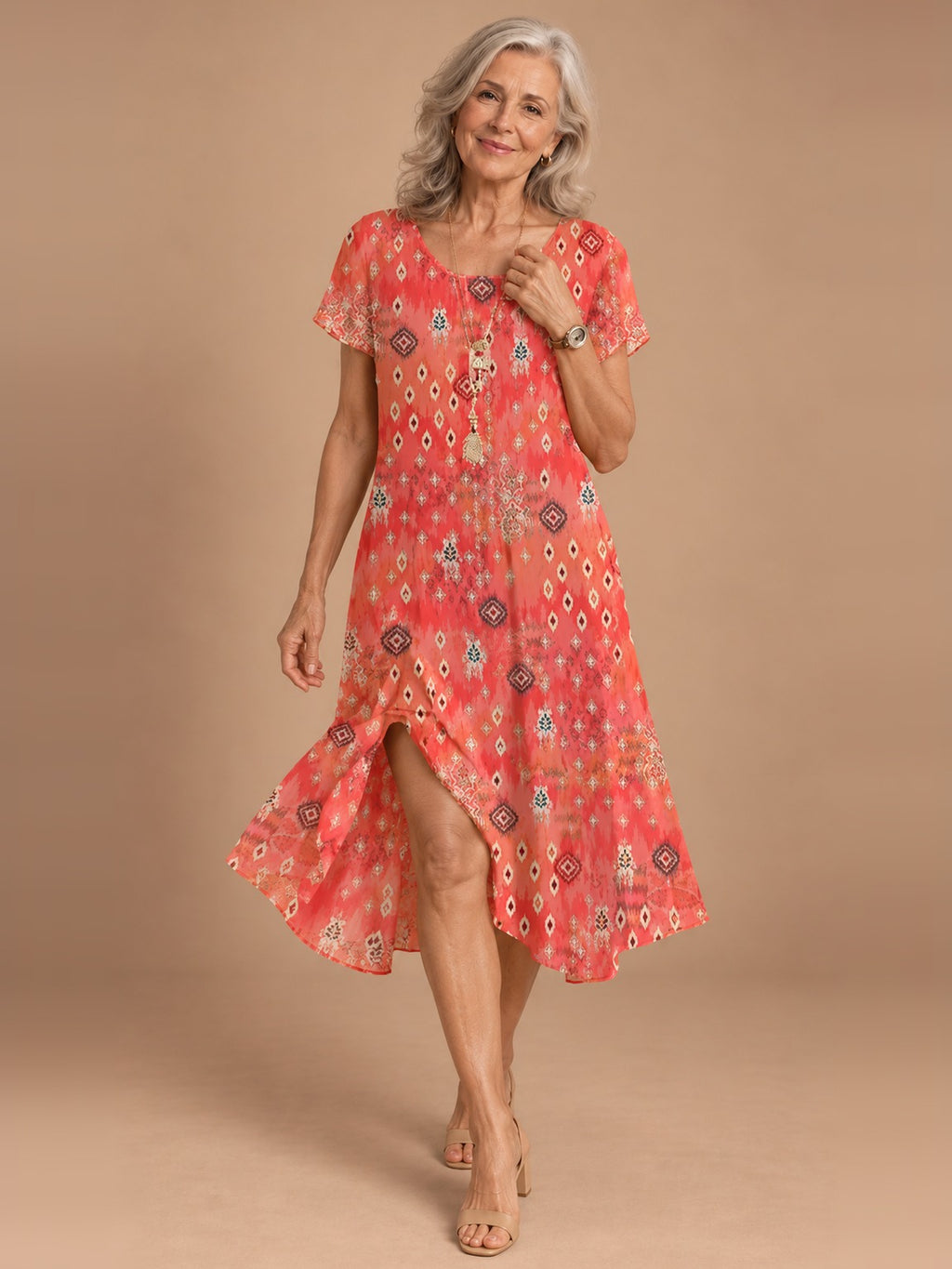 Nora Flowy Midi Dress in Coral Ikat