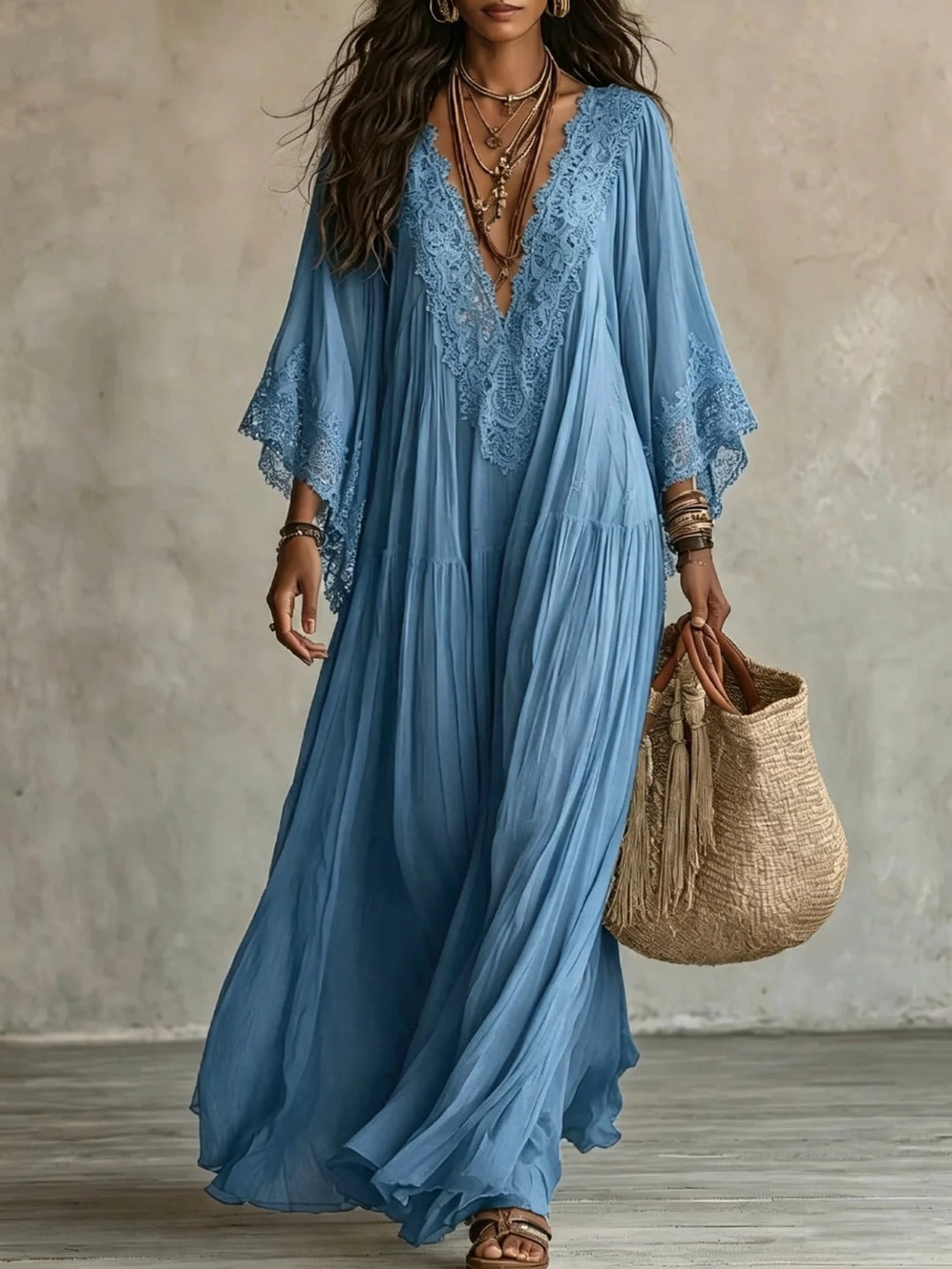 Elodie Flowy Lace Maxi Dress in Blue