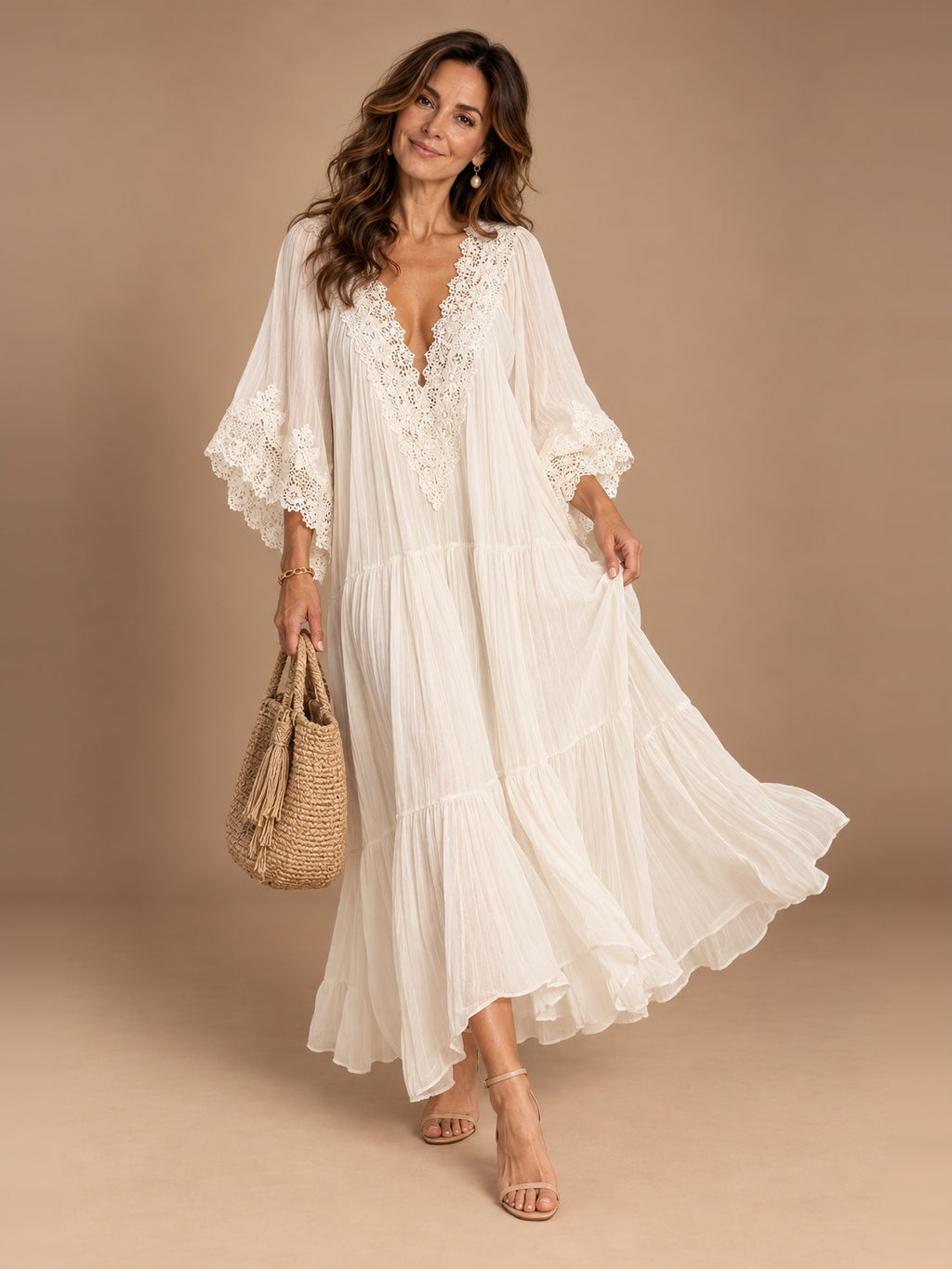 Elodie Flowy Lace Maxi Dress in White