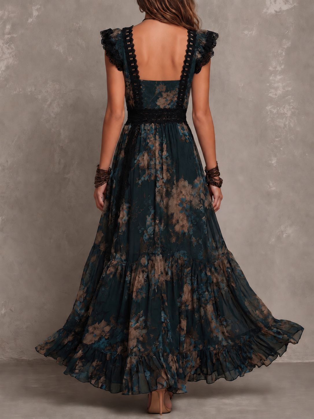 Briar Flowy Tiered Maxi Dress in Black Floral, back view
