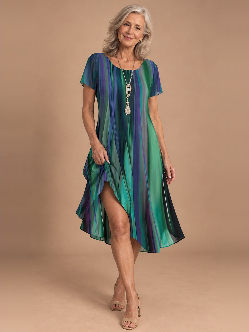 Nora Flowy Midi Dress in Green Purple Stripe
