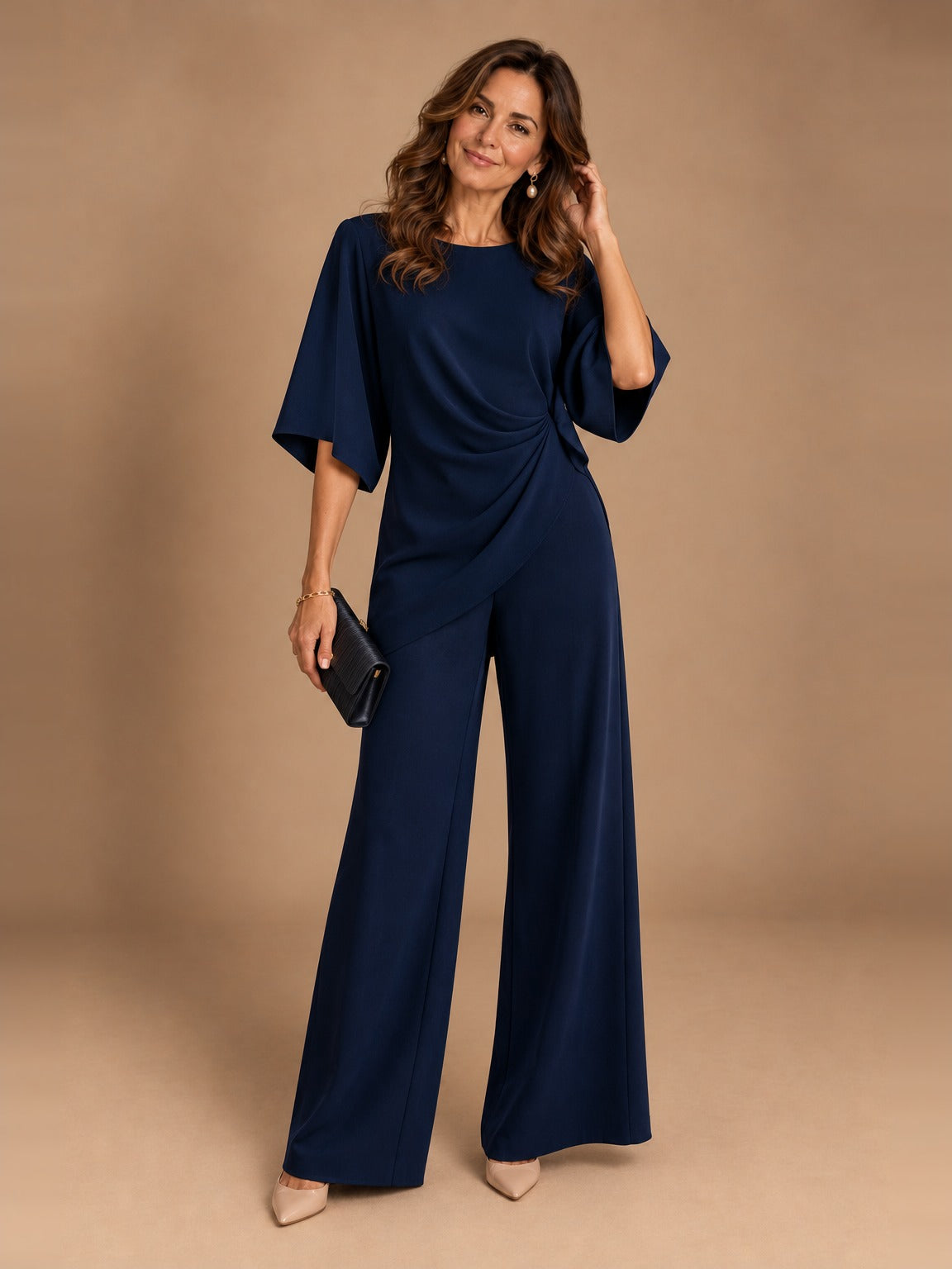 Leona Elegant Wide-Leg Two-Piece Set in Navy Blue