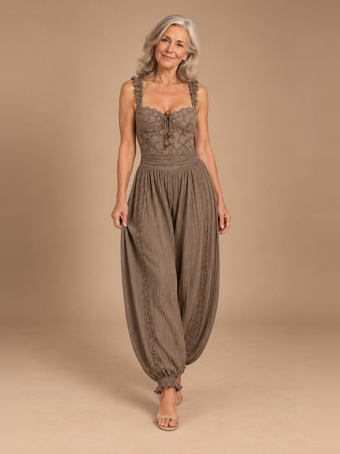 Woman wearing the Paloma Elegant Harem Trousers set