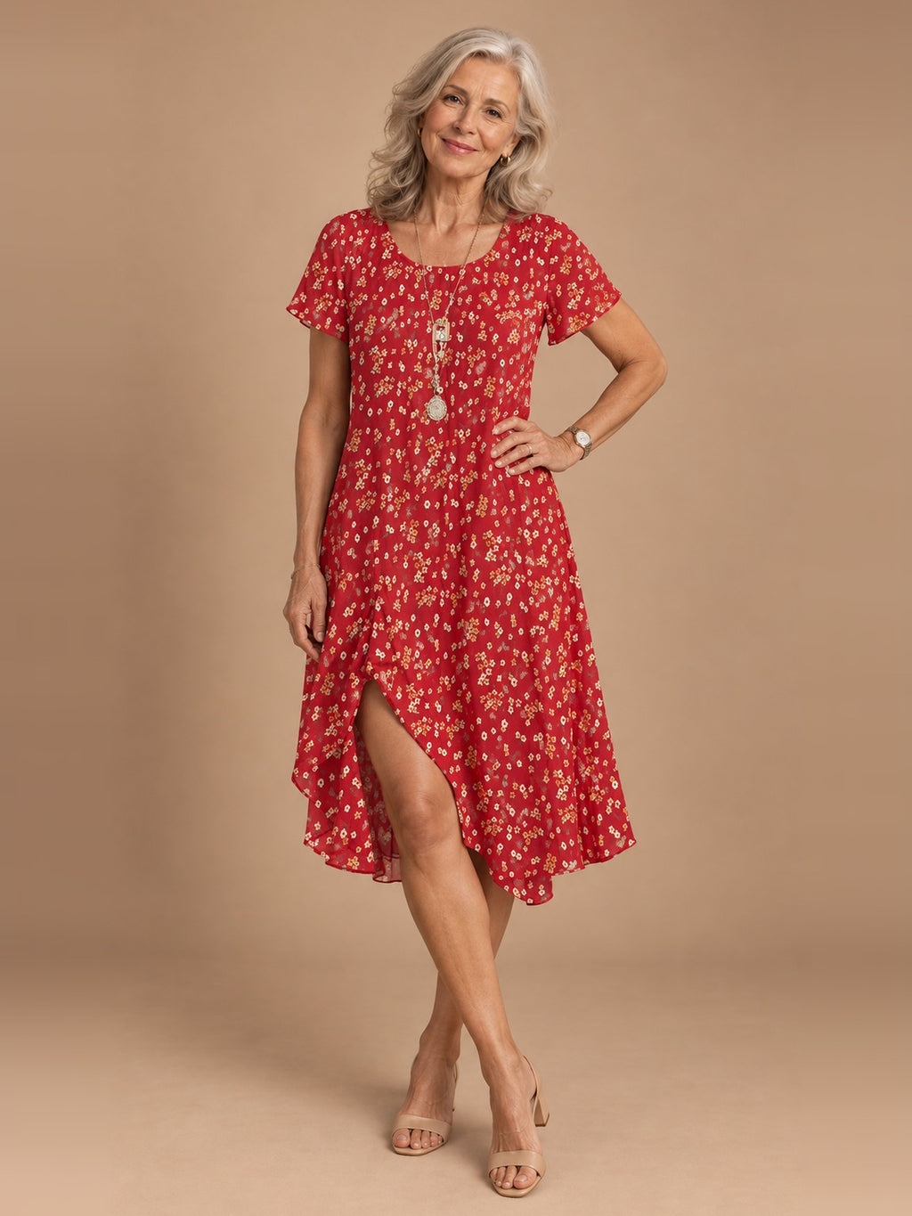 Nora Flowy Midi Dress in Red Floral