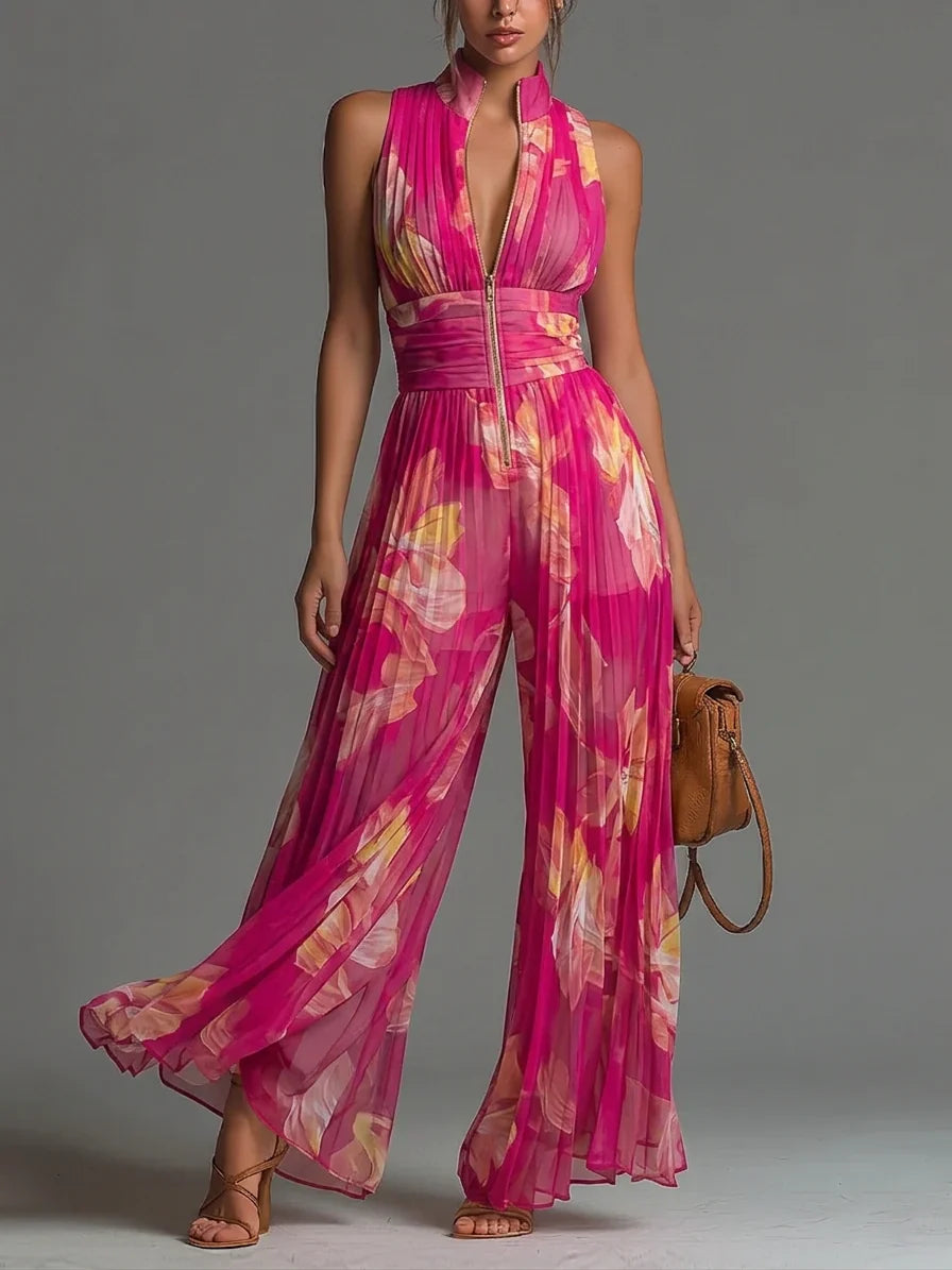 Zakira | Plissierter Halter-Neck Weitbeiniger Jumpsuit